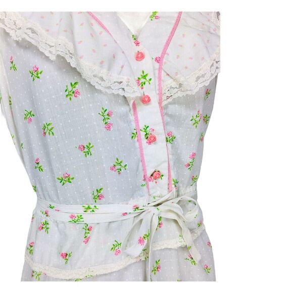Vintage 70s White Swiss Dot Calico Floral Rose Button-Down Tiered Prairie Dress - Picture 6 of 9